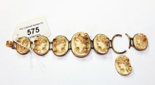 Victorian cameo and gold-coloured metal bracelet having seven graduated oval medallions,