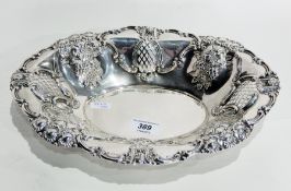 Edwardian silver oval dish of repousse and pierced decoration, Birmingham 1903, 30cm wide,