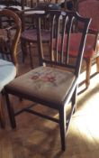 Sheraton style mahogany dining chair with carved splat back, needlework upholstered drop-in seat,