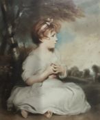 After Sidney S Wilson
Framed print
Little girl sitting in a cream dress with pink sash and pink bow