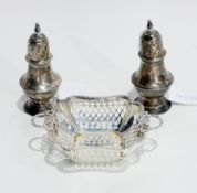 Pair of Victorian silver pepperettes, Birmingham 1897, silver bonbon dish with open fretwork design,