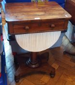 Victorian rosewood work table with frieze drawer and pleated silk wool box below,