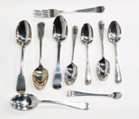 Four 19th century teaspoons, various, four shell-pattern coffee spoons and small fork, 5oz approx.