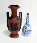 Oriental blue and white porcelain bottle (damaged) and 19th century red earthenware Grecian-type