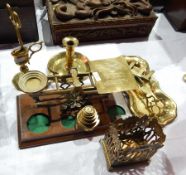 Pair of British Empire letter post scales along with weights, pair of brass wick cutters,