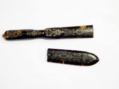 19th century tortoiseshell and gold piquetwork letter opener and folding penknife (af)