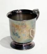 Silver christening mug with flared rim, scroll handle, raised on circular foot, Sheffield 1959,