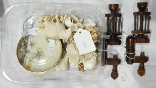 Collection of coral and shell and pair of treen turned wooden miniature wool winder table clamps,