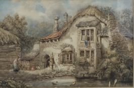 19th century watercolour showing a village house by a pond,