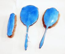 Silver and engine-turned blue enamel dressing table mirror and brush set,