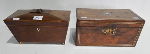 Early 19th Century mahogany sarcophagus shaped tea caddy with fitted interior and a rosewood tea