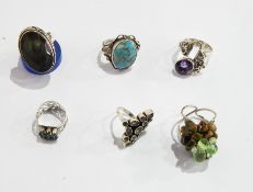 Silver-coloured metal and labradorite ring, another set with turquoise, another set with peridot,