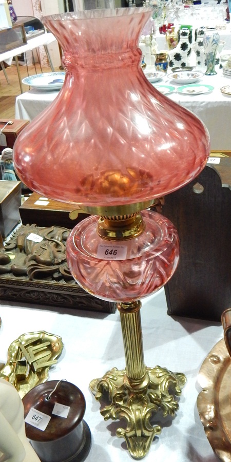 Paraffin lamp with rose glass top,