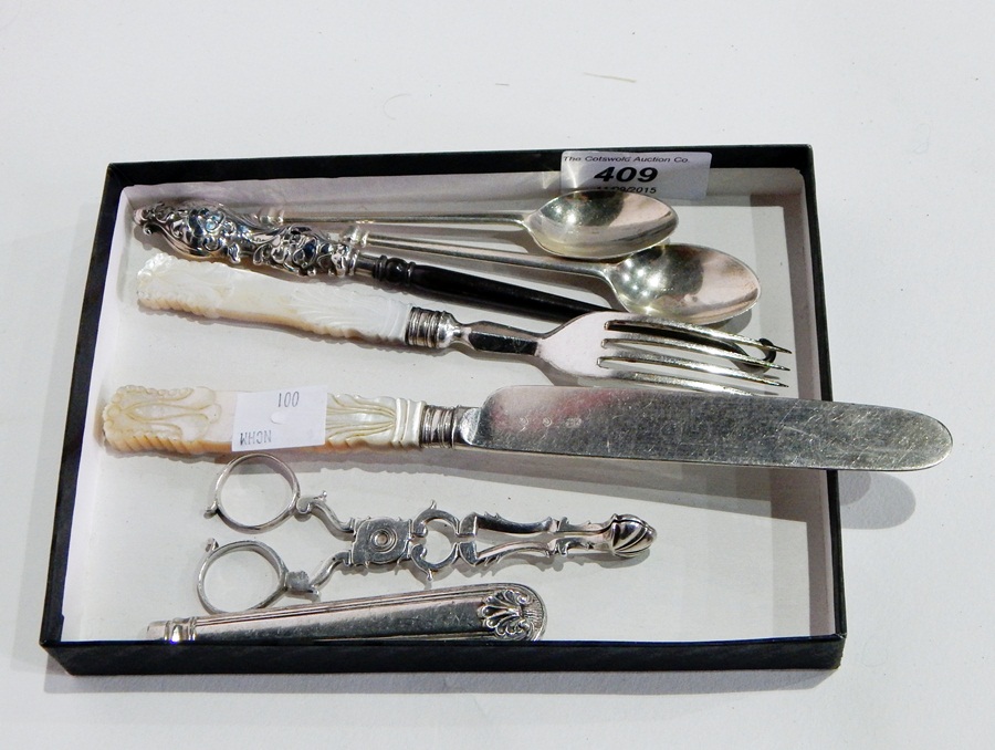 Pair of 18th century Old English sugar nips, mother-of-pearl handled knife and fork,