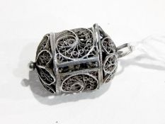 19th century white metal filigree measuring tape case with suspension loop