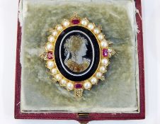 Victorian gold carved onyx cameo, diamond, ruby and pearl pendant brooch,