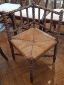 Victorian bobbin turned corner chair with rush seat,