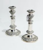 Pair Victorian silver plated telescopic candlesticks each with ornate foliate scroll borders,