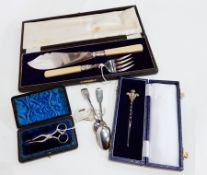 Silver Prince of Wales letter opener with plumes, pair of fish servers, cased, pair of sugar nips,