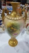 19th century Royal Worcester porcelain two-handled vase, ovoid with pair scroll handles,