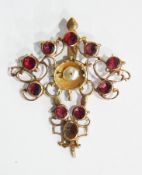 Antique gold, pearl and ruby-coloured stone pendant,