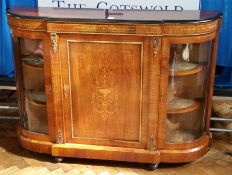 Victorian breakfront credenza, the burr walnut top ebonised thumb-moulding to inlaid frieze,