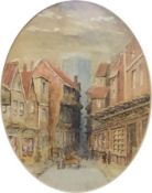 Pair of watercolours showing village streets,