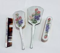 Silver and engine turned enamel dressing table mirror and brush set, aster floral decorated,