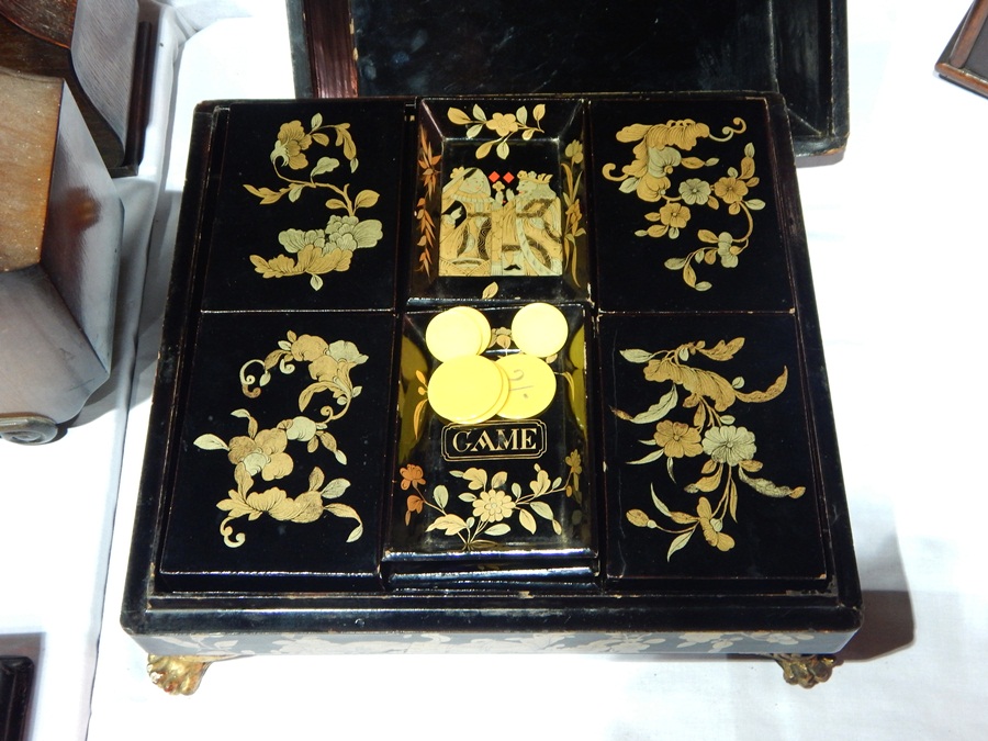 Chinese lacquer games box depicting figures taking tea in a garden, - Image 3 of 4