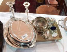 Pair silver plated wine bottle coasters, two plated entree dishes, pair candlesticks,