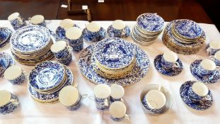 Large quantity Royal Crown Derby blue and white china dinnerware decorated with exotic birds and