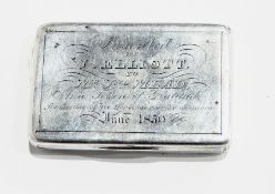 Victorian snuff box, rectangular with engine-turned decoration and presentation inscription,