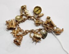 9ct gold charm bracelet having gypsy caravan, folding fan and other novelty charms, 69.9g approx.