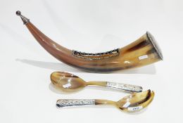 Malayan silver-mounted horn vase together with pair horn silver-mounted salad servers