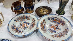 Pair 19th century Spode pottery soup plates decorated in Imari colours with chinoiserie floral