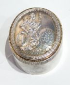 Late 20th century silver box of oval straight sided form, the lid embossed with Britannia motif,