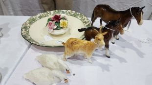 Beswick model goat, two Beswick horses,