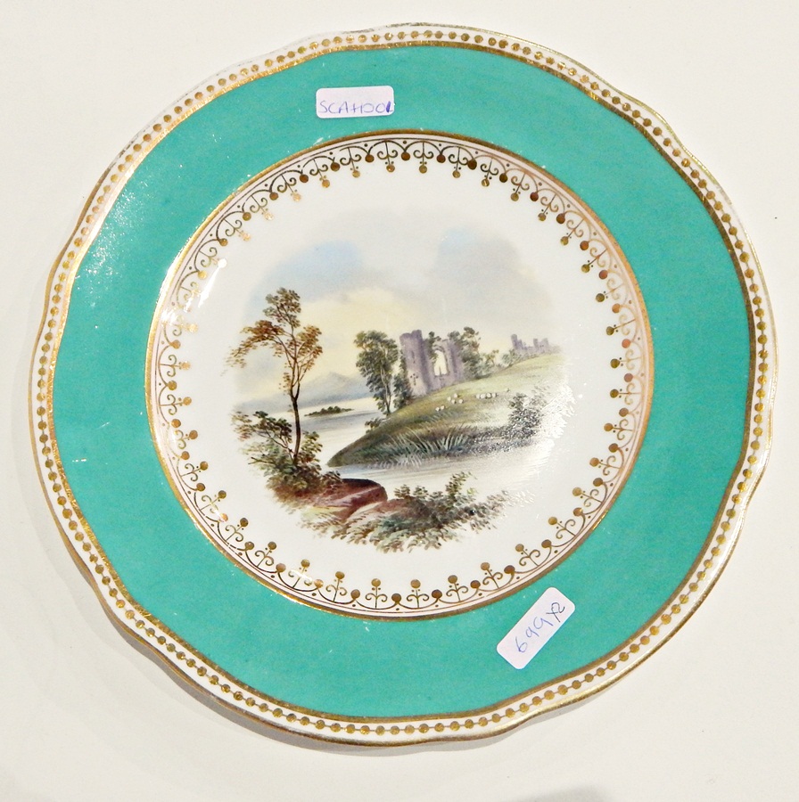 Pair 19th century china plates each handpainted with mountain landscape with ruins,
