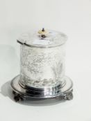 Victorian silver plated biscuit box, cylindrical with ivory handle, engraved with river landscape,