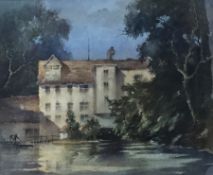 H Amlet
Watercolour drawing
Continental scene of a large house by a lake,