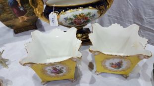 Two continental porcelain cache pots, square, yellow ground decorated with figure reserve,
