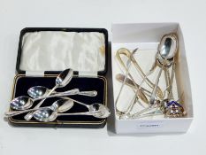 Set of six silver coffee spoons, bead pattern together with sugar nips, souvenir spoons, etc.