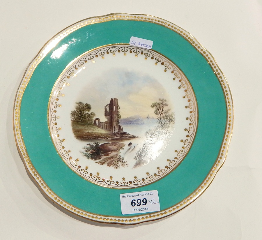 Pair 19th century china plates each handpainted with mountain landscape with ruins, - Image 2 of 2