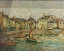 Max Robert
Acrylic on tin 
Harbour scene with boats with furled sails, houses overlooking,