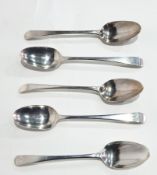 Five mid-18th century Georgian Old English pattern tablespoons, various dates, marks rubbed,