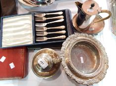 Quantity 19th century silver plated wine bottle coasters, plated flatware, cased,