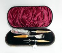 Cased set of horn-handled and silver plated servers and crumb scoop and matched horn-handled silver