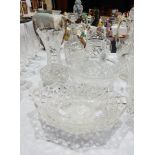 Quantity of cut glass to include vase, decanter, stoppers,