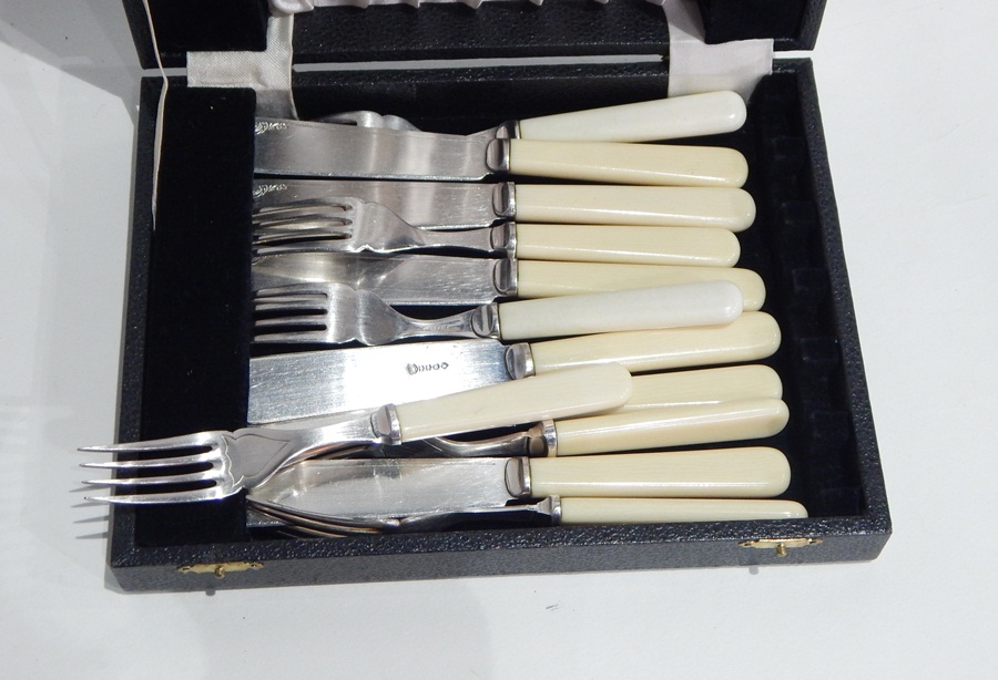 Quantity various plated table flatware including soup ladle and fish knives and forks (1 box)