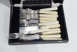 Quantity various plated table flatware including soup ladle and fish knives and forks (1 box)